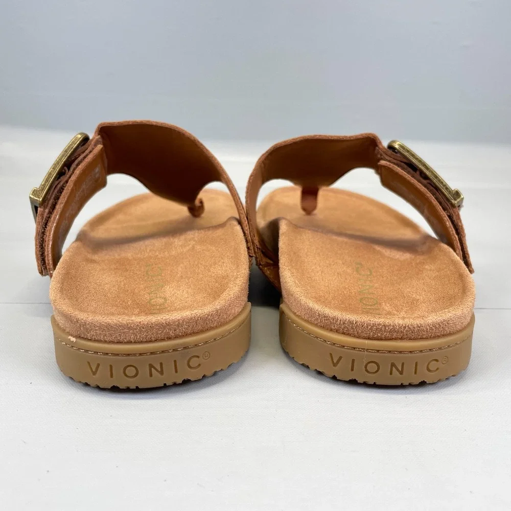 Vionic Emma Sandals Womens Size 6 Wide Tan Brown Pebbled Leather Flip Flop Shoes